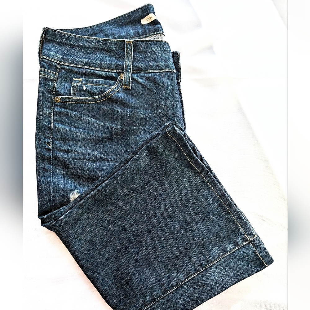 VINCE Mykonos Dark Denim, Flared 5 Pocket Jeans. Flat Waist 16"